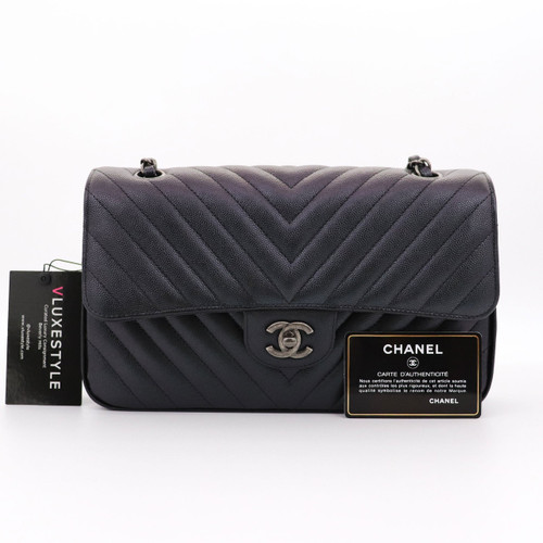 VAN CLEEF 
ARPELS Chanel Classic Medium Double Flap 17B Iridescent Black Chevron Caviar with ruthenium hardware 