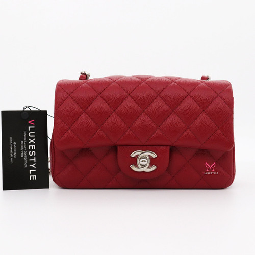 VAN CLEEF 
ARPELS Chanel Classic Mini Rectangular 17B Red Quilted Caviar with silver hardware 