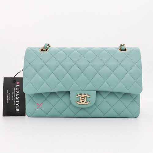 VAN CLEEF 
ARPELS Chanel Classic Medium Double Flap 20C Tiffany Blue Quilted Caviar with light gold hardware 