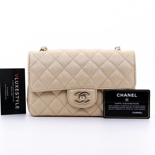VAN CLEEF 
ARPELS Chanel Mini Rectangular 21P Metallic Gold Grained Lambskin with light gold hardware 