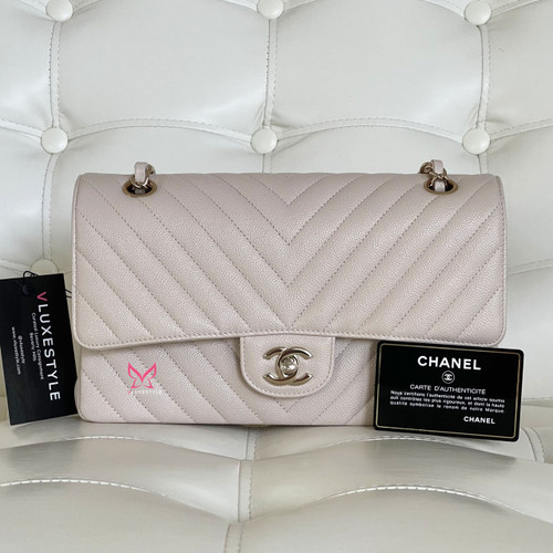 VAN CLEEF 
ARPELS Chanel Classic Medium Double Flap 20B Beige Chevron Caviar with light gold hardware-1653442021 