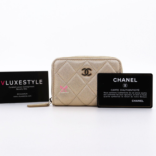 VAN CLEEF 
ARPELS Chanel Zip Coin Purse 21P Metallic Gold Grained Quilted Lambskin with light gold hardware 