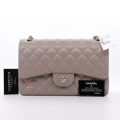 VAN CLEEF 
ARPELS Chanel Classic Jumbo Double Flap 14B Beige/Taupe Quilted Caviar with silver hardware 