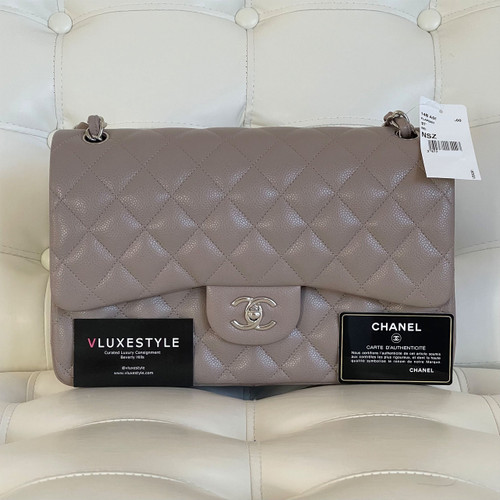 VAN CLEEF 
ARPELS Chanel Classic Jumbo Double Flap 14B Beige/Taupe Quilted Caviar with silver hardware 