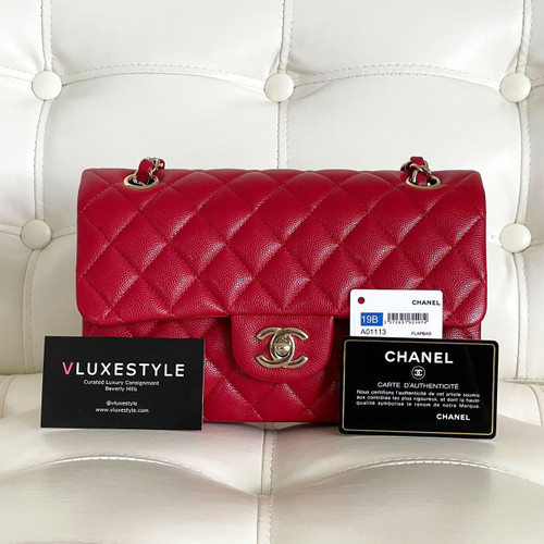 VAN CLEEF 
ARPELS Chanel Classic Small Double Flap 19B Red Quilted Caviar with light gold hardware-1653442519 