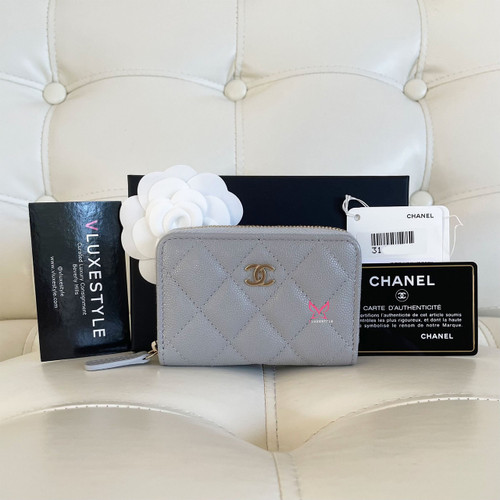 VAN CLEEF 
ARPELS Chanel Zip Coin Purse 21A Gray Quilted Caviar with light gold hardware 