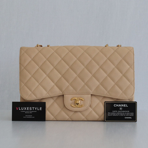 VAN CLEEF & ARPELS Chanel Classic Jumbo Single Flap Beige Quilted Caviar with gold hardware 