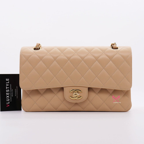 VAN CLEEF 
ARPELS Chanel Classic Medium Double Flap Beige Quilted Caviar with gold hardware-1653443103 