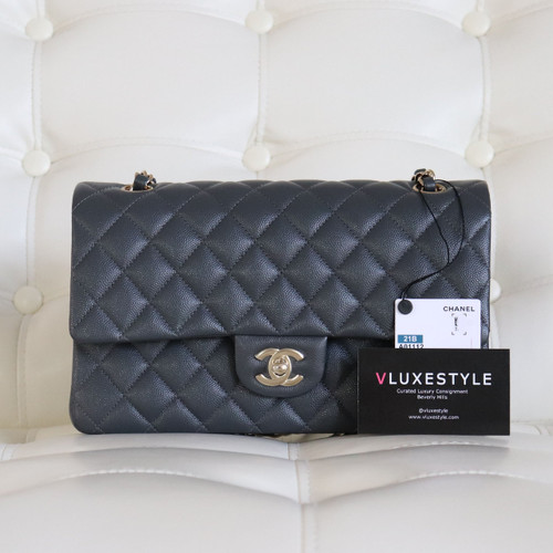 VAN CLEEF 
ARPELS Chanel Classic Medium Double Flap 21B Dark Gray/Grey Quilted Caviar with light gold hardware 
