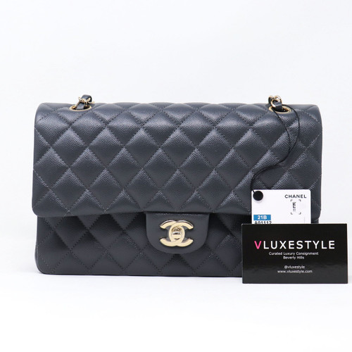 VAN CLEEF 
ARPELS Chanel Classic Medium Double Flap 21B Dark Gray/Grey Quilted Caviar with light gold hardware 