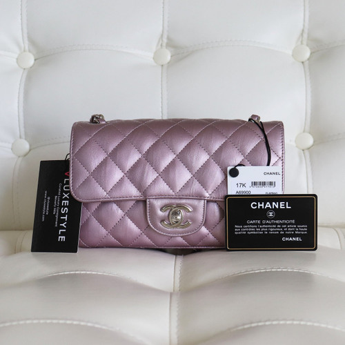 VAN CLEEF 
ARPELS Classic Mini Rectangular 17K Metallic Pink/Purple Crumpled Quilted Calfskin with silver hardware 