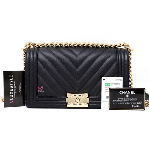 VAN CLEEF 
ARPELS Chanel Le Boy Old Medium 18S Black Chevron Caviar with shiny light gold hardware 
