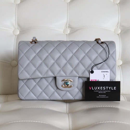 VAN CLEEF 
ARPELS Chanel Classic Medium Double Flap 21A Gray/Grey Quilted Caviar with light gold hardware 