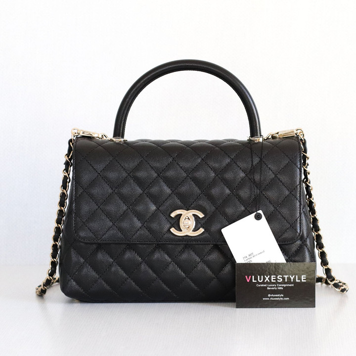 VAN CLEEF 
ARPELS Chanel Coco Handle/Top Handle 21A Black Quilted Caviar with light gold hardware 