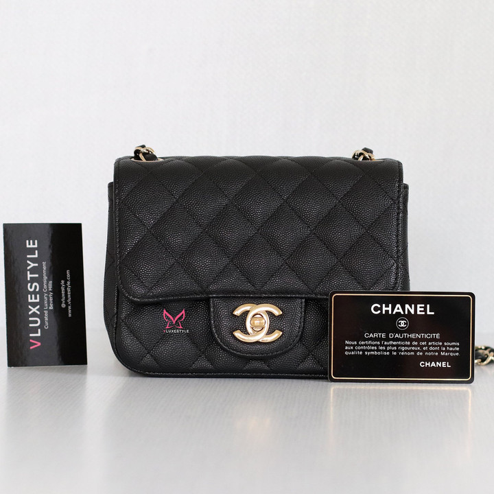 VAN CLEEF & ARPELS Chanel Classic Mini Square 17C Black Quilted Caviar with light gold hardware 