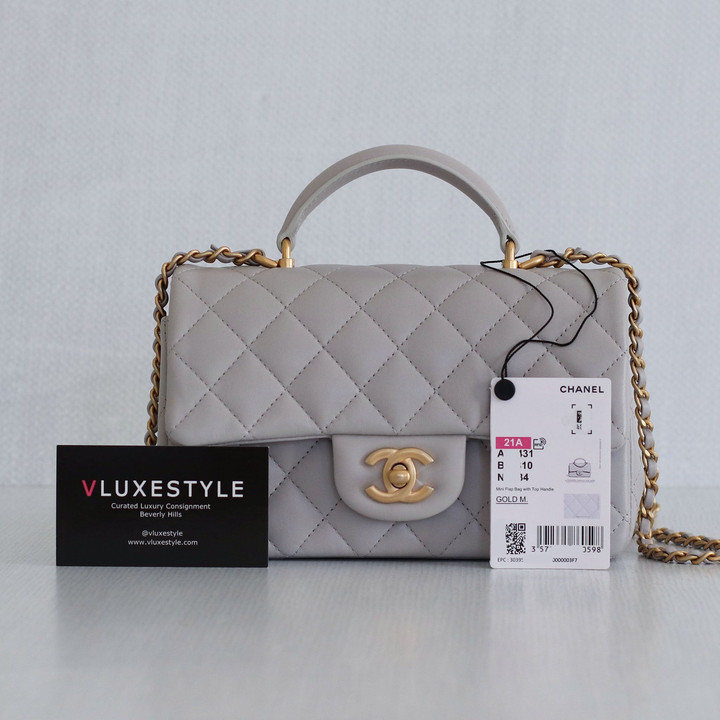 VAN CLEEF 
ARPELS Chanel Mini Rectangular Top Handle 21A Gray/Grey Quilted Lambskin with brushed gold hardware 