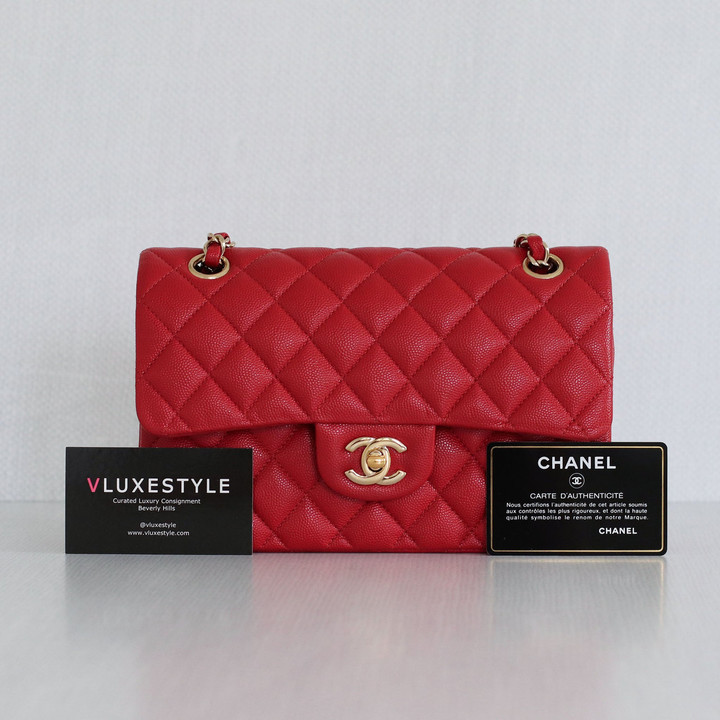 VAN CLEEF 
ARPELS Chanel Classic Small Double Flap 19B Red Quilted Caviar with light gold hardware-1653445667 