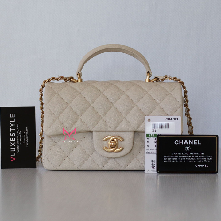 VAN CLEEF & ARPELS Chanel Classic Mini Rectangular with Top Handle 21S Beige Quilted Caviar with brushed gold hardware 