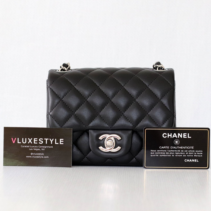 VAN CLEEF & ARPELS Chanel Classic Mini Square Flap 19B Black Quilted Lambskin with silver hardware 