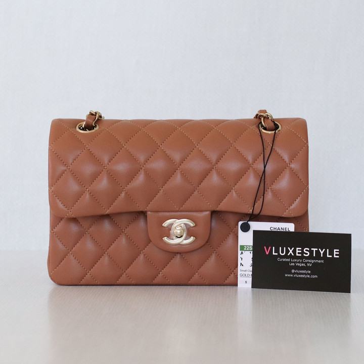 CHANEL Chanel Classic Small Double Flap 22S Caramel Quilted Lambskin with light gold hardware 