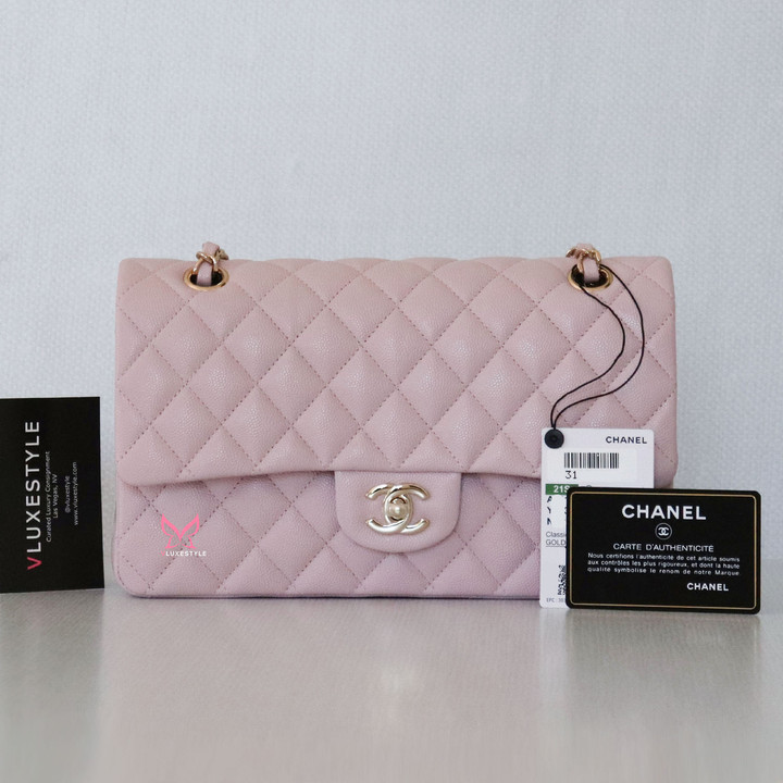  Chanel Classic Medium Double Flap 21S Light Pink Quilted Caviar with light gold hardware 