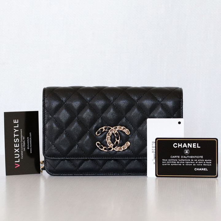 CHANEL Chanel Wallet On Chain 20K Black Quilted Caviar French New Wave CC with light gold hardware 