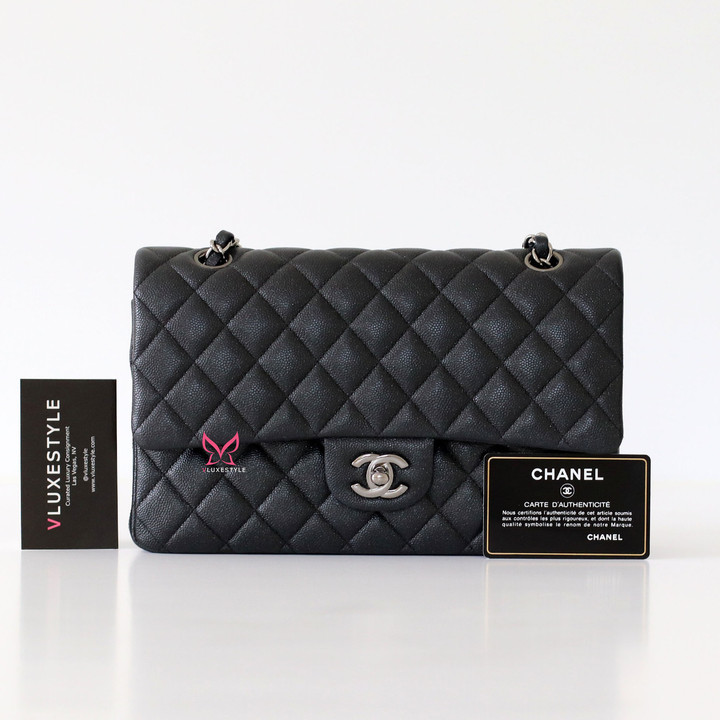 CHANEL Chanel Classic  Medium Double Flap 18C Black Quilted Caviar with gun metal hardware 