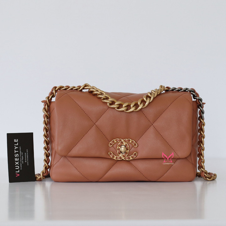 CHANEL Chanel Small 19 Flap 21K Caramel Lambskin with multi-tone hardware 