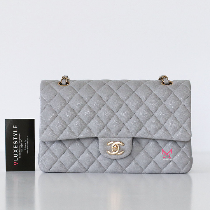 CHANEL Chanel Classic Flap Medium Caviar 21A Light Gray/Grey  with light gold hardware 