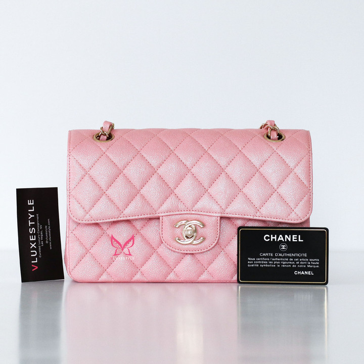 CHANEL Chanel Classic Small Double Flap 19S Iridescent Pink Quilted Caviar with light gold hardware 