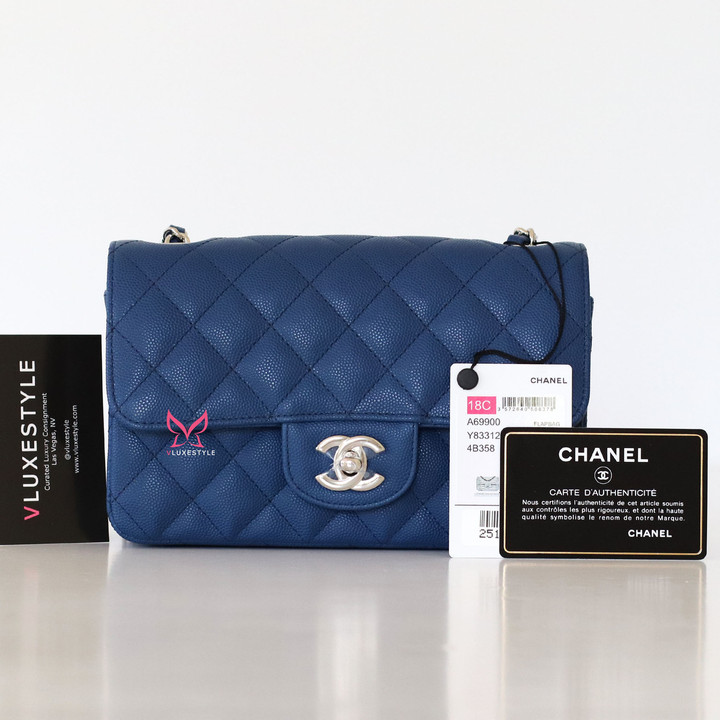 CHANEL Chanel Classic Mini Rectangular 18C Navy Blue Quilted Caviar with silver hardware 