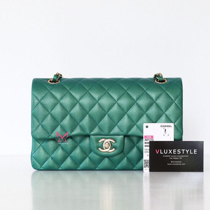 CHANEL Chanel Classic Medium Flap 22A Iridescent Green Quilted Calfskin Light gold hardware 