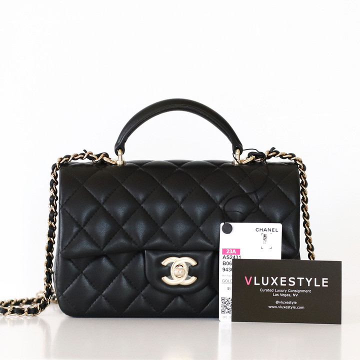 Chanel Mini Rectangular Top Handle 23A Black Lambskin Light Gold