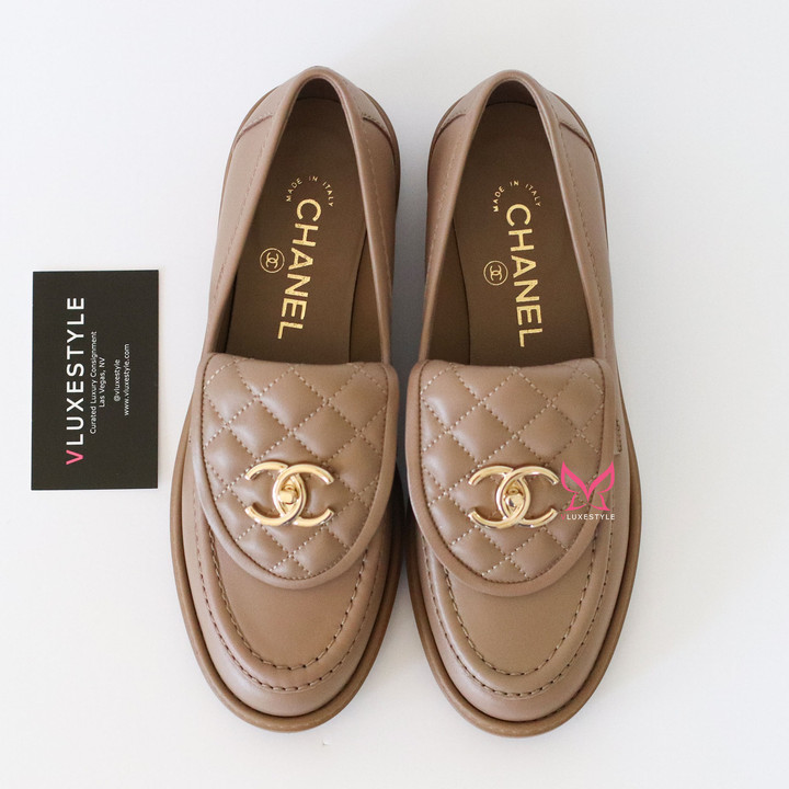 CHANEL Chanel CC Turnlock Loafers Beige Quilted Lambskin 37 