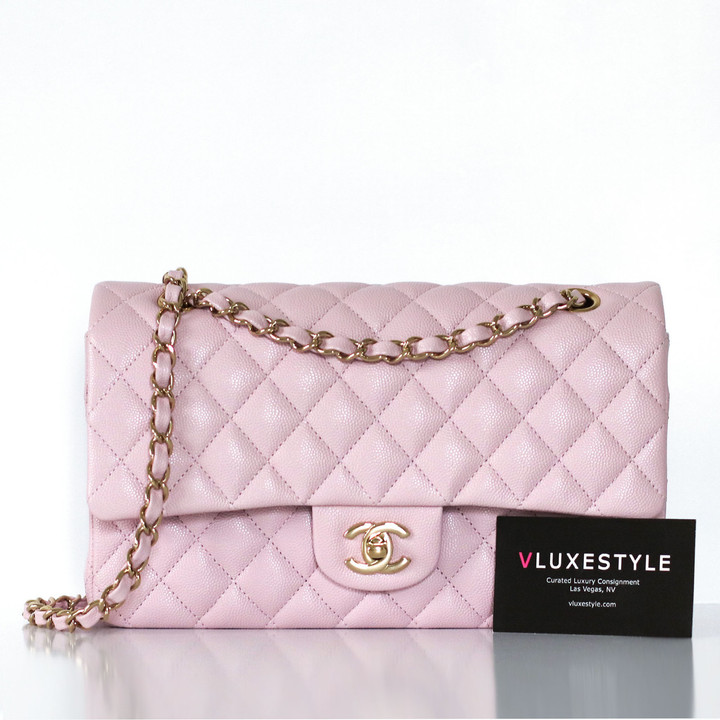 CHANEL Chanel Classic Medium Flap 21S Light Pink Quilted Caviar Light Gold Hardware 