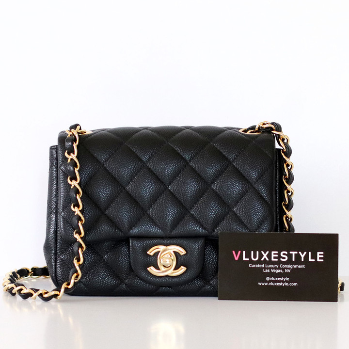 CHANEL Chanel Classic Mini Square Flap 18B Black Quilted Caviar Light Gold Hardware 