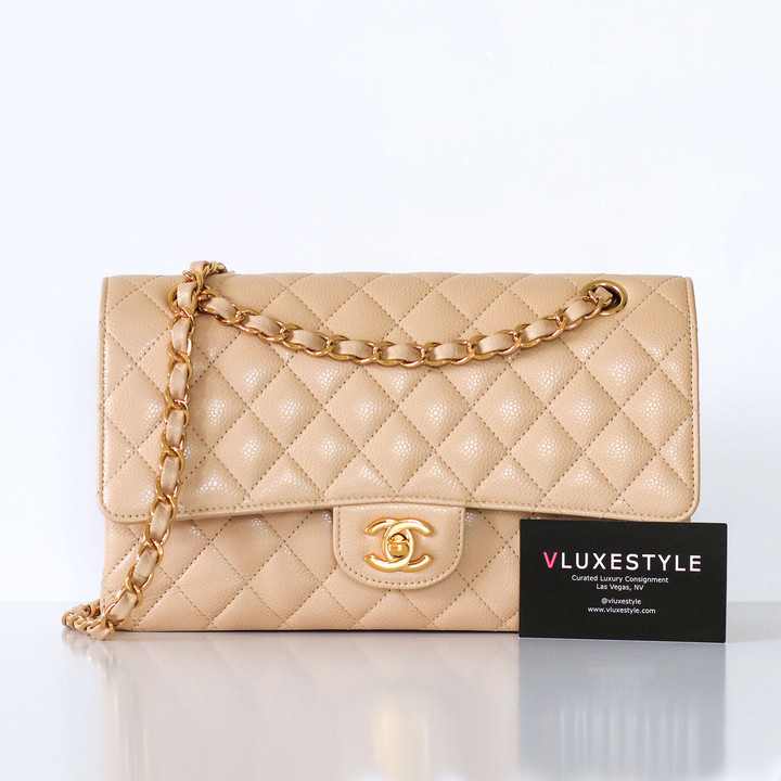 CHANEL Chanel Classic Medium Flap Beige Clair Quilted Caviar Gold Hardware 