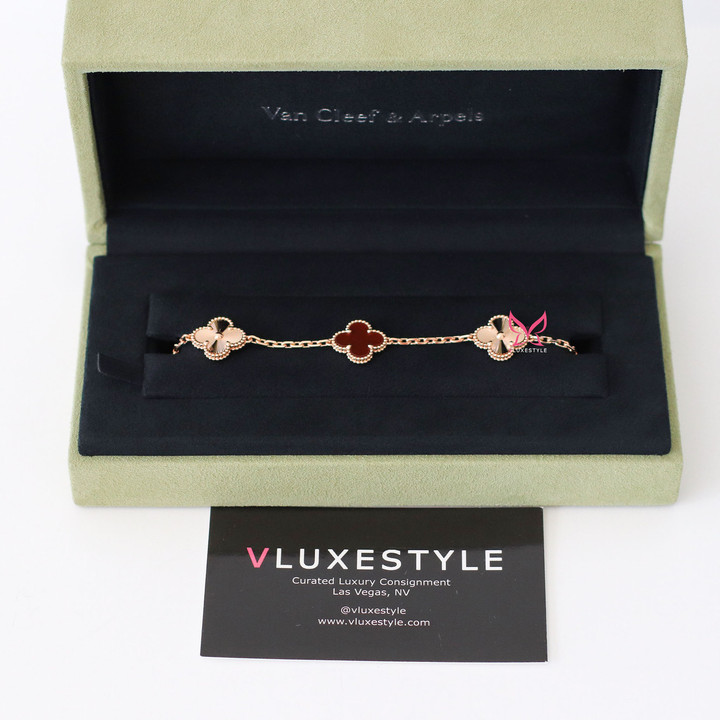 VAN CLEEF & ARPELS Van Cleef & Arpels Vintage Alhambra 18K Rose Gold Guilloche 5 Motifs Carnelian Bracelet 