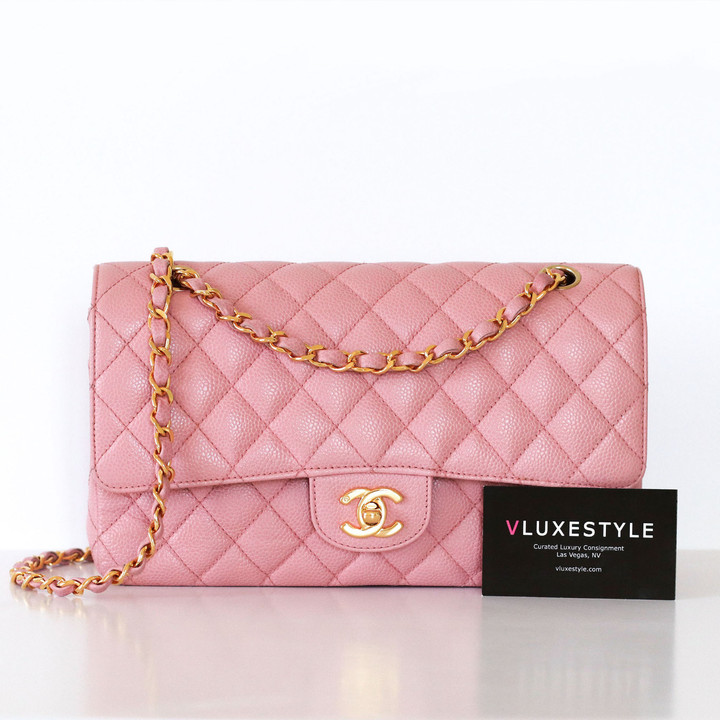 CHANEL Chanel Vintage Classic Medium Flap Sakura Pink Quilted Caviar 24K Gold-plated hardware 