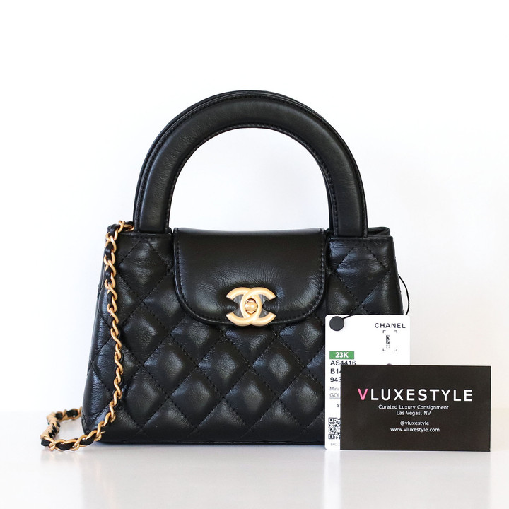 CHANEL Chanel 23K Nano Kelly Shopping Bag Black Shiny Aged Quilted Calfskin Brushed Gold Hardware 