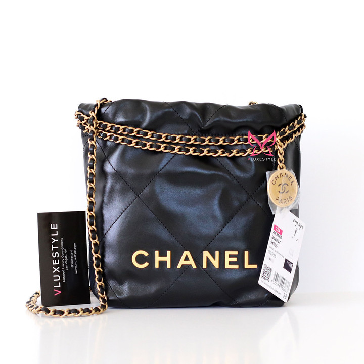 CHANEL Chanel Mini 22 Hobo Bag 23A Black Shiny Calfskin Brushed Gold Hardware 