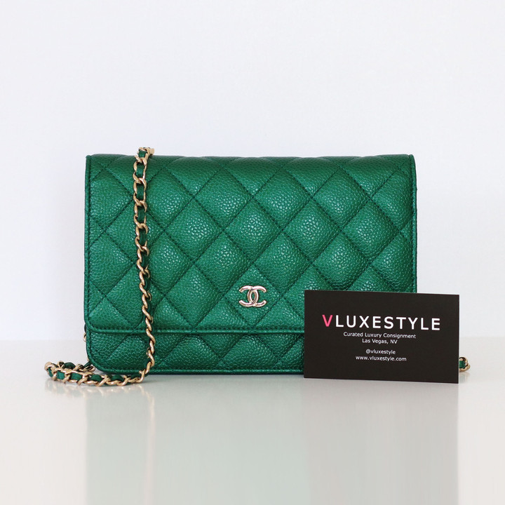 CHANEL Chanel Classic Wallet On Chain 18S Emerald Green Quilted Caviar Light Gold Hardware 