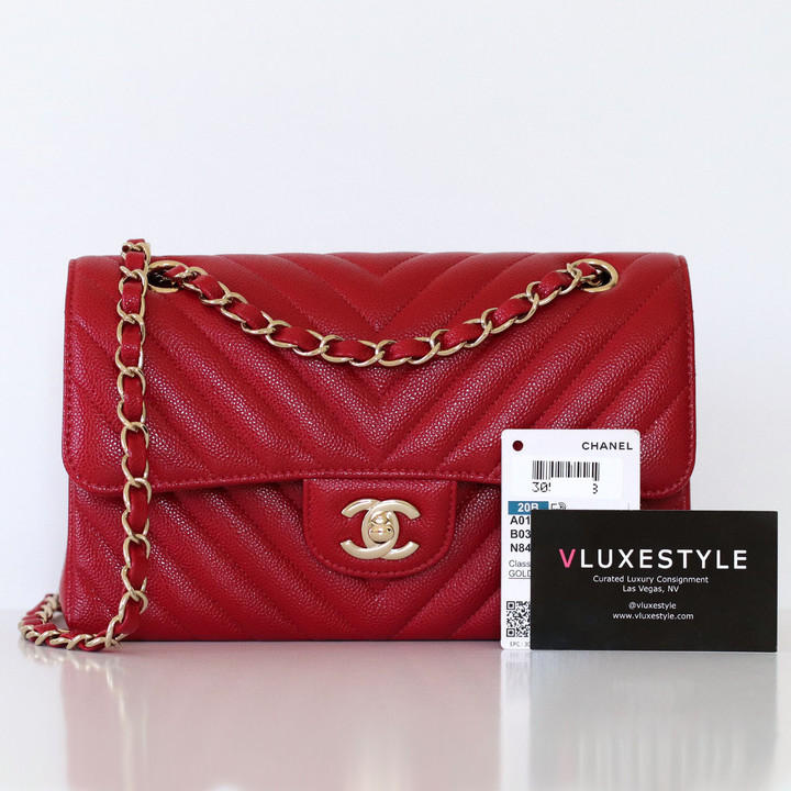 CHANEL Chanel Classic Small Flap 20B Red Chevron Caviar Light Gold Hardware 