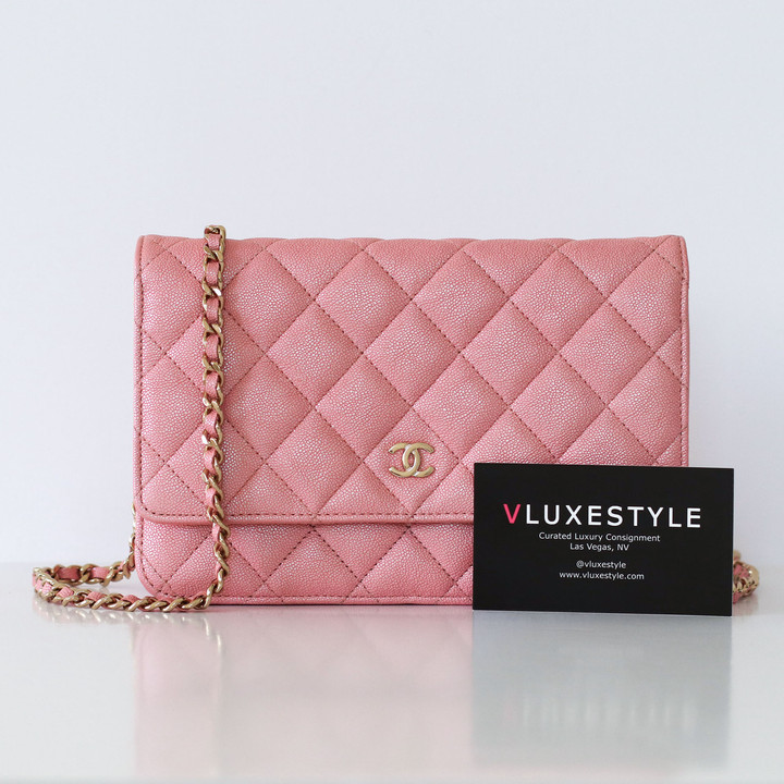 CHANEL Chanel Classic Wallet on Chain 19S Iridescent Pink Quilted Caviar Light Gold Hardware 