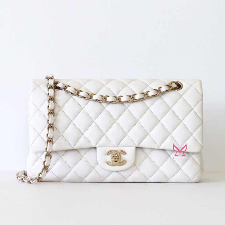 CHANEL Chanel Classic Medium Flap 19B White Quilted Caviar Light Gold Hardware 