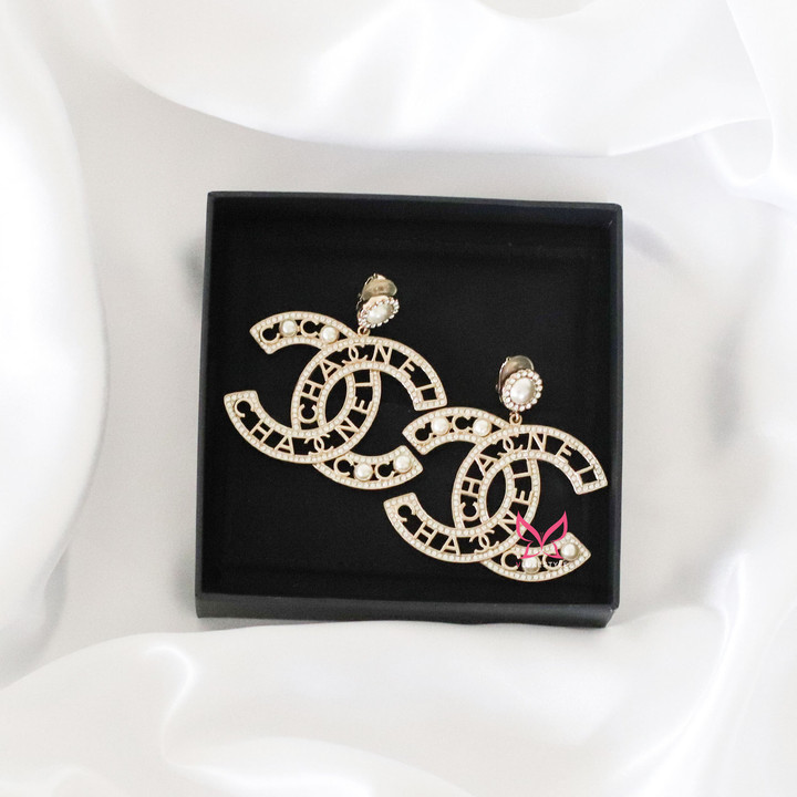 CHANEL Chanel 20B Coco Pearl Crystal  CC Drop Clip Earrings Gold hardware 