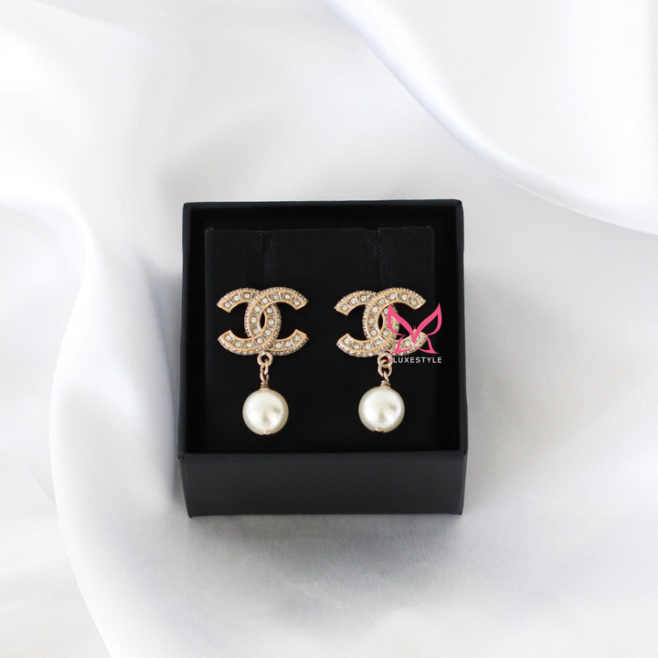 CHANEL Chanel 19V  Crystal Pearl CC Drop Earrings Gold-tone 
