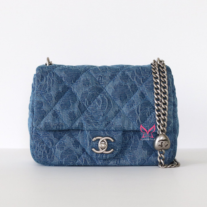 CHANEL Chanel 23P Sweetheart Mini Square Camellia Denim Silver Hardware 