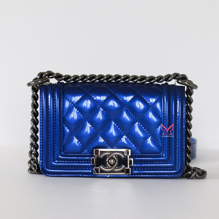 CHANEL Chanel Mini Le Boy 14S Blue Quilted Patent Gun Metal Hardware 