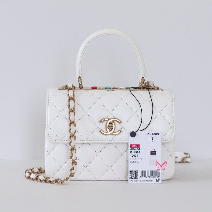 CHANEL Chanel 24C Mini Trendy CC White Quilted Lambskin Light Gold Hardware 